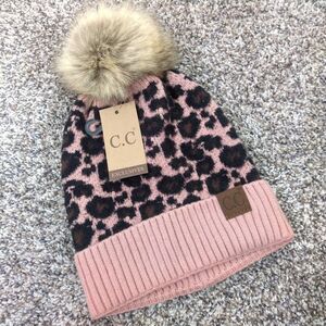 C.C Exclusive Leopard Animal Ribbed Knit Winter Warm Beanie Pink Faux Fur Pom